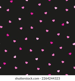 Seamless pattern with pink hearts on black background. Valentine's day. Vector texture. 
