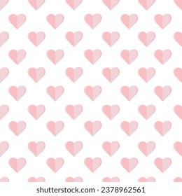 Seamless pattern with pink hearts on a white background in cut paper style	