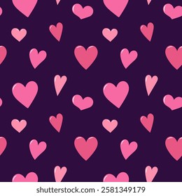 Seamless pattern with pink hearts on dark background. Valentine's Day background for textiles and packaging. Vector illustration.