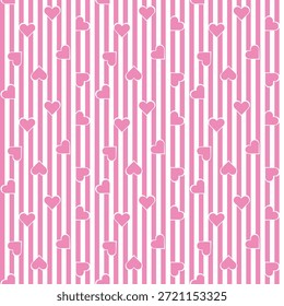 Seamless pattern of pink hearts on white and pink vertical stripes. Sweet romantic repetitive texture for Valentine's day gift