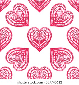 Seamless pattern with pink hearts on a white background. Vector illustration. 