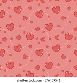 Seamless pattern with pink hearts on light pink. Vector illustration. Valentine day. Background for dress, manufacturing, wallpapers, prints, gift wrap and scrapbook. 
