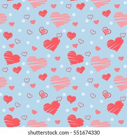 Seamless pattern with pink hearts placed randomly on light blue background. Filled with brush strokes and only with outer line.
