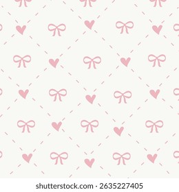 Padrão contínuo com corações cor-de-rosa e arcos de fita. Coquette papel de parede estética com símbolos de amor e grade de treliça tracejada. Estilo bonito kawaii Valentine repetir impressão para tecido, papel de embrulho, impressão