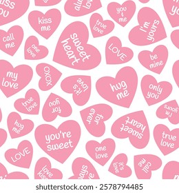 Seamless pattern with pink hearts with romantic messages. St Valentines pattern. Flat vector background design