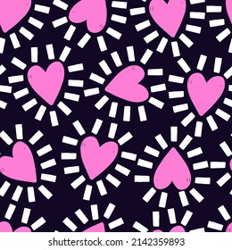 Seamless pattern with pink hearts shining. Creative monochrome love texture. Vector illustration