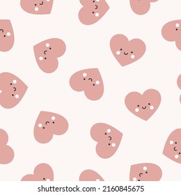 Seamless pattern with pink hearts. Smiling hearts repeated print.