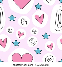 Seamless pattern with pink hearts and stars