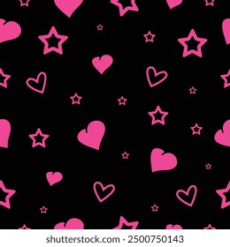 Seamless pattern with pink hearts and stars on black background. Vector illustration.