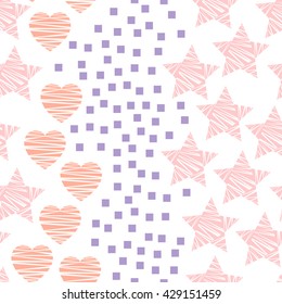 Seamless pattern with pink hearts and stars. Simple geometric background. Vector illustration for home and fashion design. Baby shower, invitations, linens, textile.