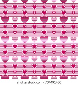 Seamless pattern of pink hearts and strips on a white background. 
