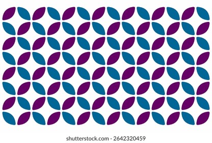 seamless pattern with pink hearts. Teal and purple petal-like elements interlock on a white background, creating a simple yet vibrant ethnic style batik pattern. Floral background design art