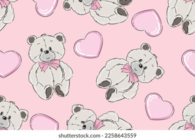 Patrón sin foco con corazones rosados y osos de peluche. Gráficos vectoriales.