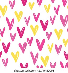 Seamless pattern with pink hearts. Template holiday vector illustration. Design for card, postcard, poster, print, banner. Cartoon colorful hearts on white background.
