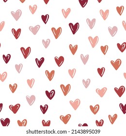 Seamless pattern with pink hearts. Template holiday vector illustration. Design for card, postcard, poster, print, banner. Cartoon colorful hearts on white background.