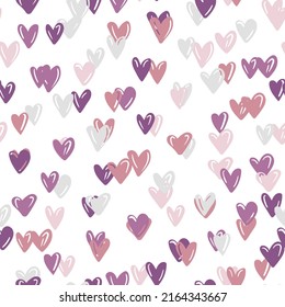 Seamless pattern with pink hearts. Template holiday vector illustration. Design for card, postcard, poster, print, banner. Cartoon colorful hearts on white background.