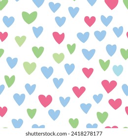 Seamless pattern with pink hearts. Template holiday vector illustration. Design for card, postcard, poster, print, banner. Cartoon colorful hearts on white background.