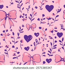 Seamless pattern with pink hearts. Template holiday vector illustration. Design for card, postcard, poster, print, banner. Cartoon colorful hearts on white background