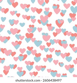 Seamless pattern with pink hearts. Template holiday vector illustration. Design for card, postcard, poster, print, banner. Cartoon colorful hearts on white background.