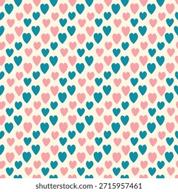 Patrón sin fisuras con corazones rosados. Ilustración vectorial de vacaciones de Plantilla. Diseño para tarjeta, postal, cartel, impresión, Anuncio. Corazones coloridos de la historieta en el fondo del color.