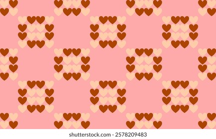 seamless pattern with pink hearts, two tone chocolate heart on pink background patter, repeat seamless pattern design for fabric print or background or t-shirt paint, square grid