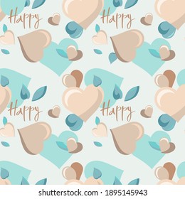 Seamless pattern of pink Hearts for Valentine's day. Delicate beige and blue colors background for Greeting card wedding, declaration of love. Perfect for fabrics print, background, wallpaper. EPS 8.