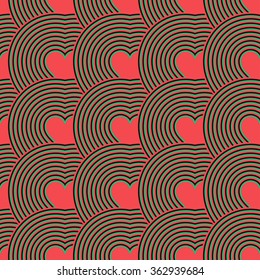 Seamless pattern of pink hearts. Valentine's Day. Optical illusion. Psychedelic Pattern. Hippie. Retro, vintage. Vector illustration