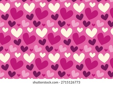 Patrón sin fisuras con corazones rosados de varias Formas. Papel de embalaje de dibujos animados en un dibujo a mano. Antiguas Vector impresión, diseño, decoración para celebrar el Día de San Valentín. Amor, romance, enamoramiento, pasión.