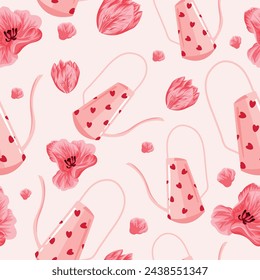 seamless pattern with pink with hearts watering can for plants and buds of pink tulips, for posters banners or cards	
