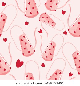 seamless pattern with pink with hearts watering can for plants, for posters with red hearts, banners or cards