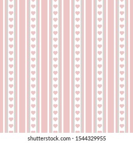 Seamless pattern with pink hearts and white stripes.