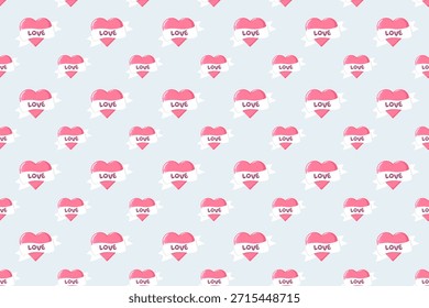 Modelo inconsútil de corazones rosados con los Anuncios blancos del amor en un fondo azul suave. Diseño romántico lindo para envolver papel, textiles, papelería, decoración de fiesta y temas de San Valentín