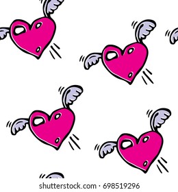 seamless pattern pink hearts with wings vector background