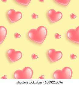 Seamless pattern with pink heart-shaped balloons. For Valentine's Day, Women's Day, Birthday. 3D realistic illustration. On a yellow background. Vector.