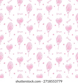 Nahtloses Muster aus rosafarbenen herzförmigen Ballons mit Ballons und Liebestext. Romantischer Hintergrund für Valentinstag-Grußkarte, Hochzeitseinladung, Packpapier und Kindergeburtstag Dekoration