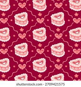Padrão contínuo com cupcakes em forma de coração, corações e pequenas flores em um fundo vermelho-escuro para o Dia dos Namorados e casamentos. Vetor.