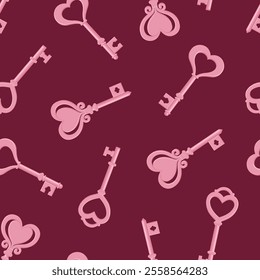 Seamless pattern with pink heart-shaped keys on a plum background. Valentine's day vector pattern.