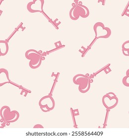 Seamless pattern with pink heart-shaped keys on a light background. Valentine's day vector pattern.