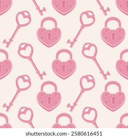 Seamless pattern with pink heart-shaped keys and locks on a light background. Valentine's day vector pattern.