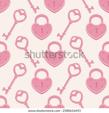 Seamless pattern with pink heart-shaped keys and locks on a light background. Valentine's day vector pattern.