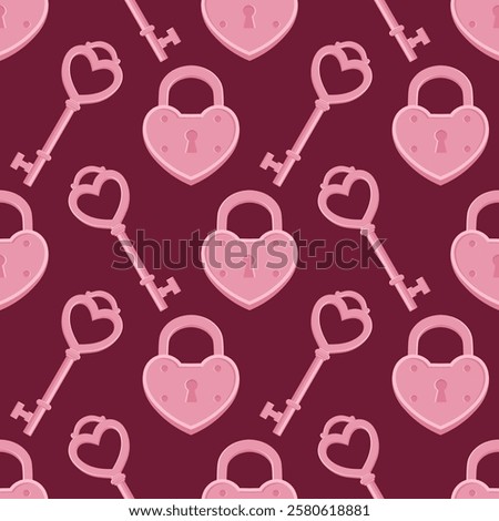 Seamless pattern with pink heart-shaped keys and locks on a plum background. Valentine's day vector pattern.