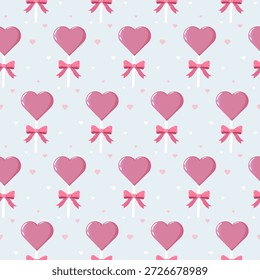 Patrón sin fisuras de piruletas en forma de corazón rosa con arcos sobre fondo azul claro. Perfecto para San Valentín y diseños románticos