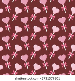 Seamless pattern of pink heart-shaped lollipops with bows on dark red background, perfect for Valentine s Day