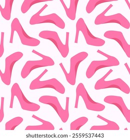 Seamless Pattern with pink heel shoes. Vector flat illustration.