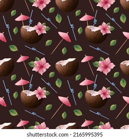 Seamless pattern with pink hibiscus flowers, cocktail in coconut on a dark background. Beach tropical texture for clothes, fabric, wallpaper, paper, etc.