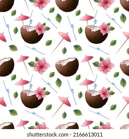 Seamless pattern with pink hibiscus flowers, cocktail in coconut on a light background. Beach tropical texture for clothes, fabric, wallpaper, paper, etc.