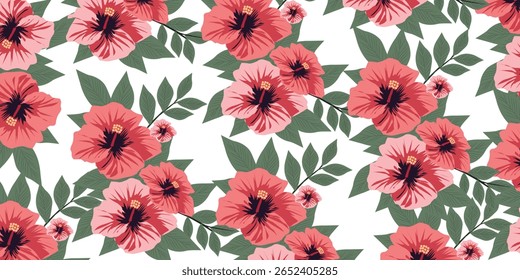 Seamless pattern of pink hibiscus flowers and green leaves. Perfect for backgrounds, wallpaper, and fabric design. Vector illustration