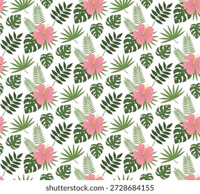 Nahtloses Muster mit rosafarbenen Hibiskusblumen und üppig grünen Tropenblättern. floraler Hintergrund mit exotischen Pflanzen
