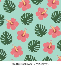 Seamless pattern of pink hibiscus flowers and green monstera leaves on light blue background