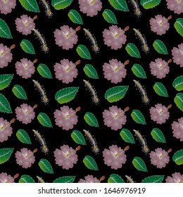 Seamless pattern with pink hibiscus.   Hand drawn hibiscus.